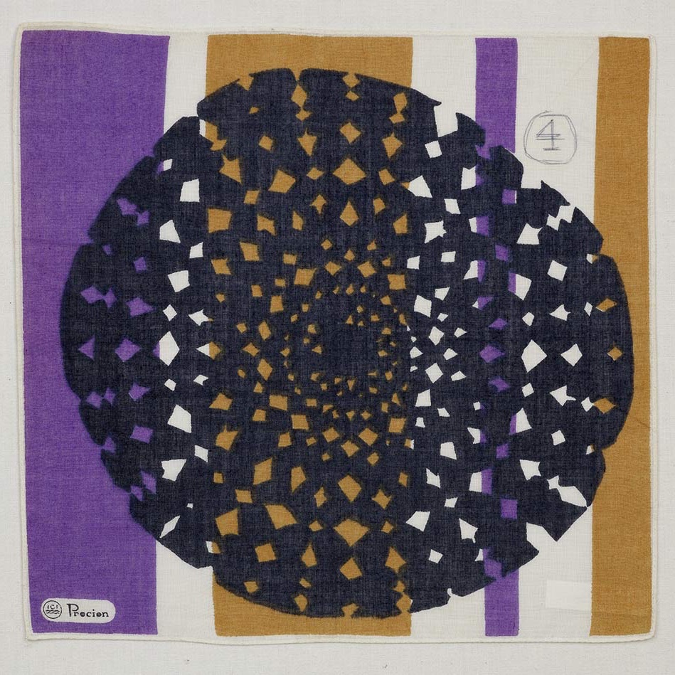 Also on show in Exchanges #exhibition @WhitworthArt Gallery- #LucienneDay's Torn Circle #handkerchief, 1962. Created by folding and cutting a circle of black tissue paper, this vibrant design in Whitworth collections may be the only surviving example.
