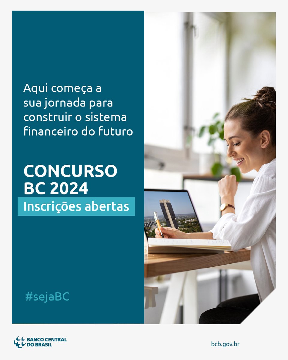 BancoCentralBR's tweet photo. Começou!
A partir de hoje, até o dia 20 de fevereiro, você pode fazer a sua inscrição no concurso do BC!
Entre na página do Cebraspe, banca organizadora, e garanta lugar na disputa. (+)
#ConcursoBC #sejaBC https://t.co/3IJsz6Q0S0