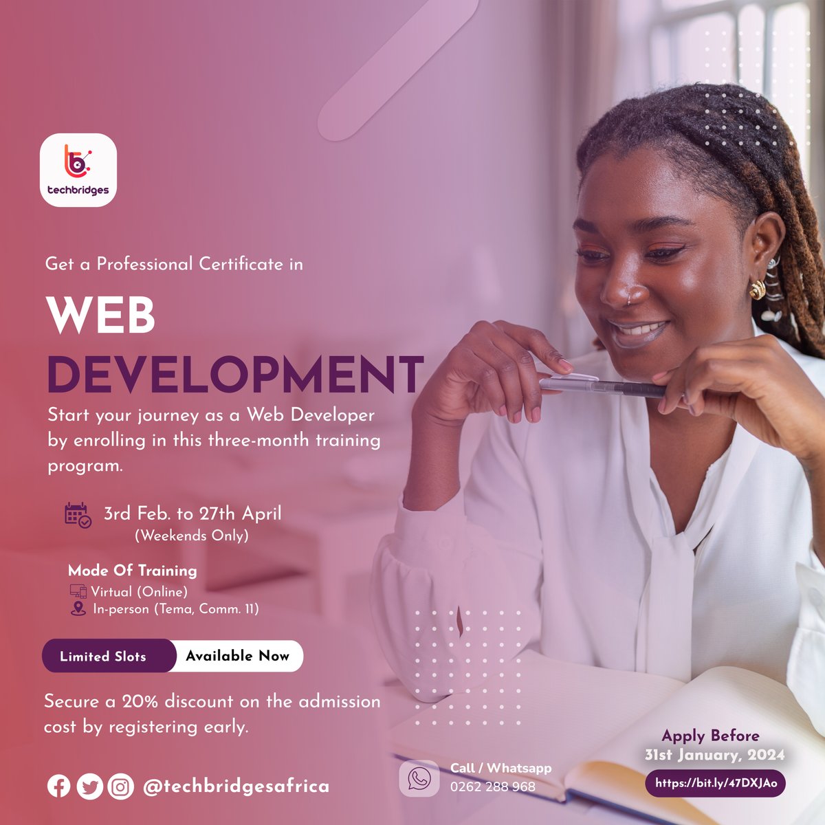 TechBridgesAfri's tweet photo. Acquire valuable skills, earn a professional certificate, and enjoy flexible learning options, either on weekends or virtually. This training will equip you to confidently apply for jobs, venture into freelancing, or work remotely from any corner of the globe. https://t.co/fjRnGjupDY
