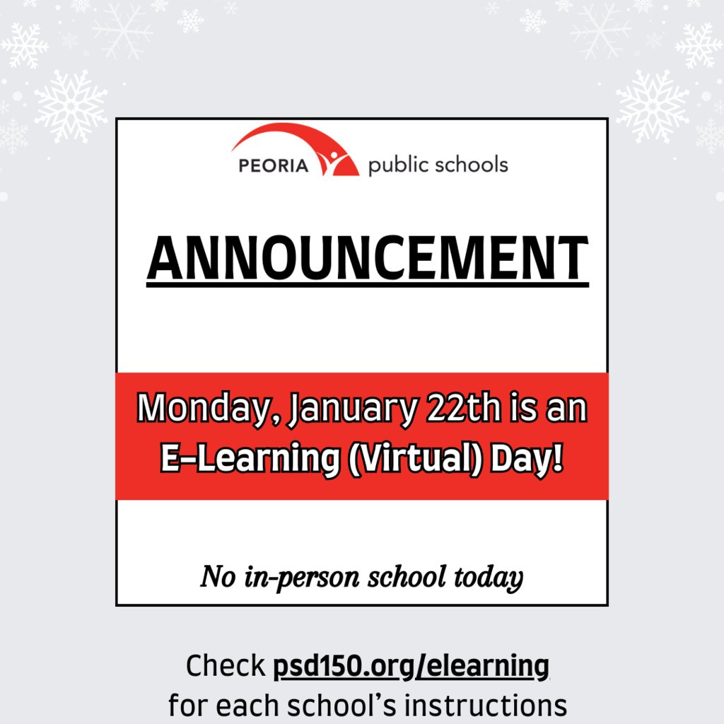 Due to icy roads, today, January 22nd will be an E-Learning (virtual) Day! 🎒 ❄️ There will be NO in-person school today.
Please go to psd150.org/elearning for your school's instructions.