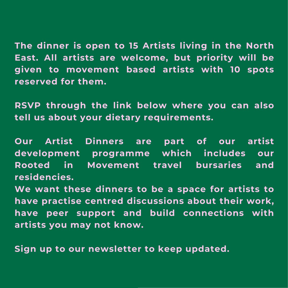 Company of Others' is having its first Artist’s Dinner hosted by Degna Stone at The Bricks! 📆 30th Jan 2024 ⏰ 7-9pm We're hosting 15 North East artists, with 10 reserved spots for movement-based artists so all artists are welcome. RSVP here: surveymonkey.com/r/JMNGJB3