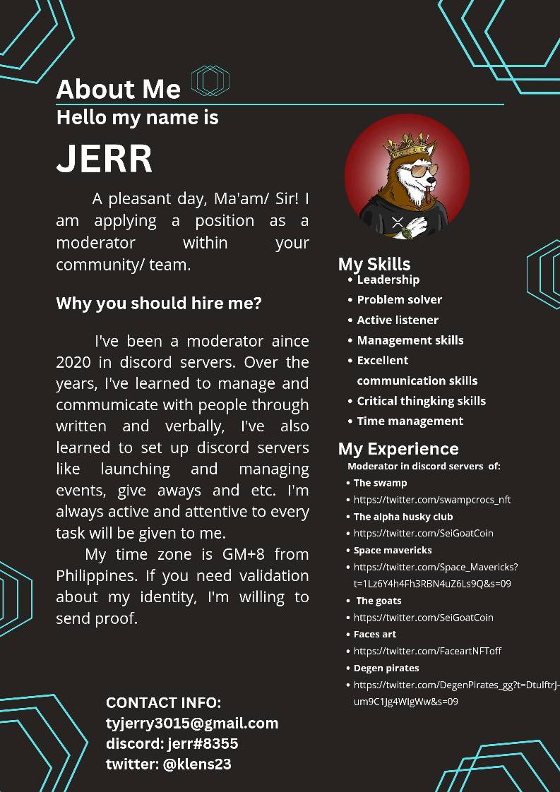 klens21's tweet image. If anyone here has a Discord or Telegram server, I'm looking for a job moderator. Please DM me even if it's a low rate; I'm good with that. Here's my resume, guys. 🤜