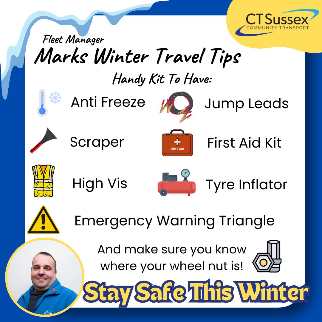 ct_sussex's tweet photo. 🚗 Handy Kit To Have This Winter ❄
1️⃣ Anti Freeze
2️⃣ Jump Leads
3️⃣ Scraper
4️⃣ First Aid Kit
5️⃣ High Visibility Vest
6️⃣ Emergency Warning Triangle:
7️⃣ Tyre Inflator
Remember, know where your wheel nut is for potential tire changes. Stay safe! 🌨#WinterTravelTips #SafetyFirst https://t.co/f4HR5DdQfq