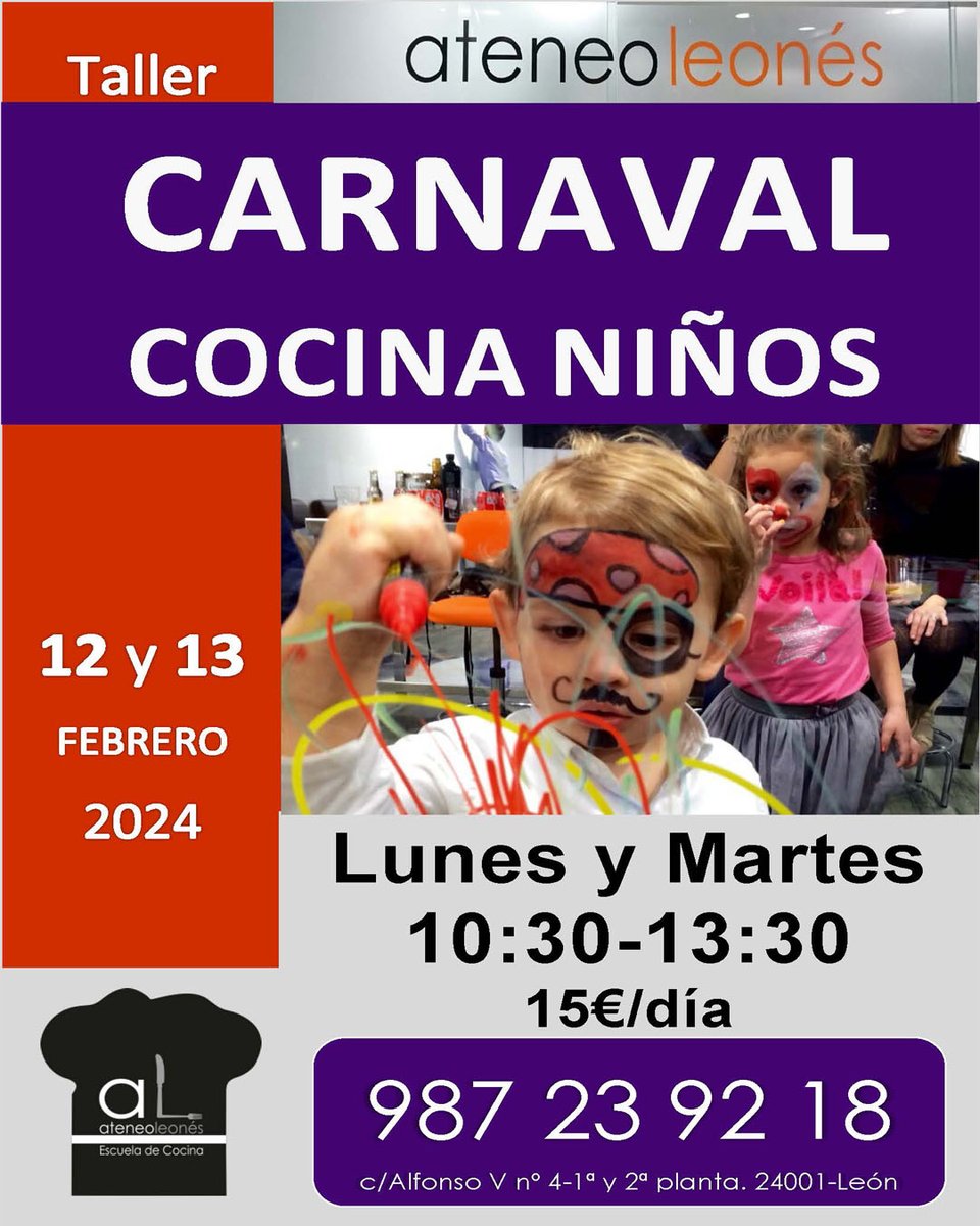 ateneoleones's tweet photo. Y en Carnaval...niños a cocinar!! Los días de Carnaval ven a cocinar con nosotros!! Nos lo pasaremos de rechupete!
Para más información y reserva de plazas llama al 987 23 92 18.
#carnaval #cocina #cocinaniños #pequechef #vacaciones #ocio #ateneoleones https://t.co/xMCLaFRtQ1