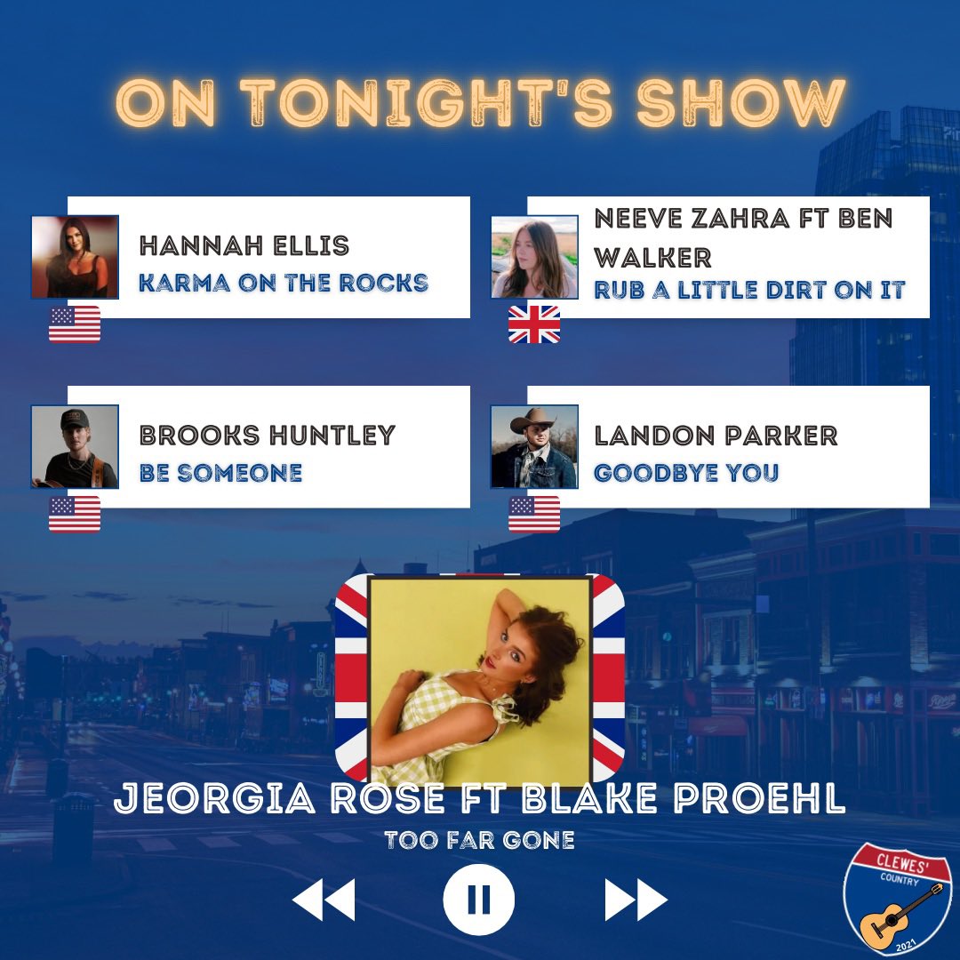 Hello Monday 😍 That means it’s time for you weekly Country check in at Clewes’ Country HQ ✌️

✅ @hannahgreyellis 
✅ @NeeveZahraMusic 
✅ @brookshuntley 
✅ @LandonParker1 

➕ the amazing collab between @jeorgiarose15 & @BlakeProehl 🙏

Join us on @voicefmradio from 9pm GMT 💪