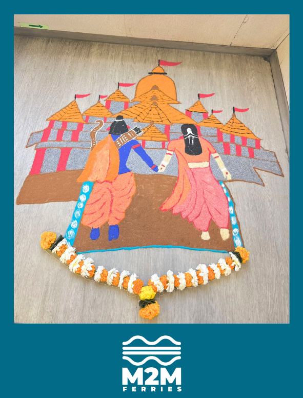 M2M_Ferries's tweet photo. Marking today's historic occasion with a heartfelt sign of respect, M2M team has added joy and color with a beautiful rangoli creation onboard!

#TeamM2M #ColorfulMoments #OnboardJoy #JoyfulRangoli #HeartfeltRespect https://t.co/CBm7Uj0GUP