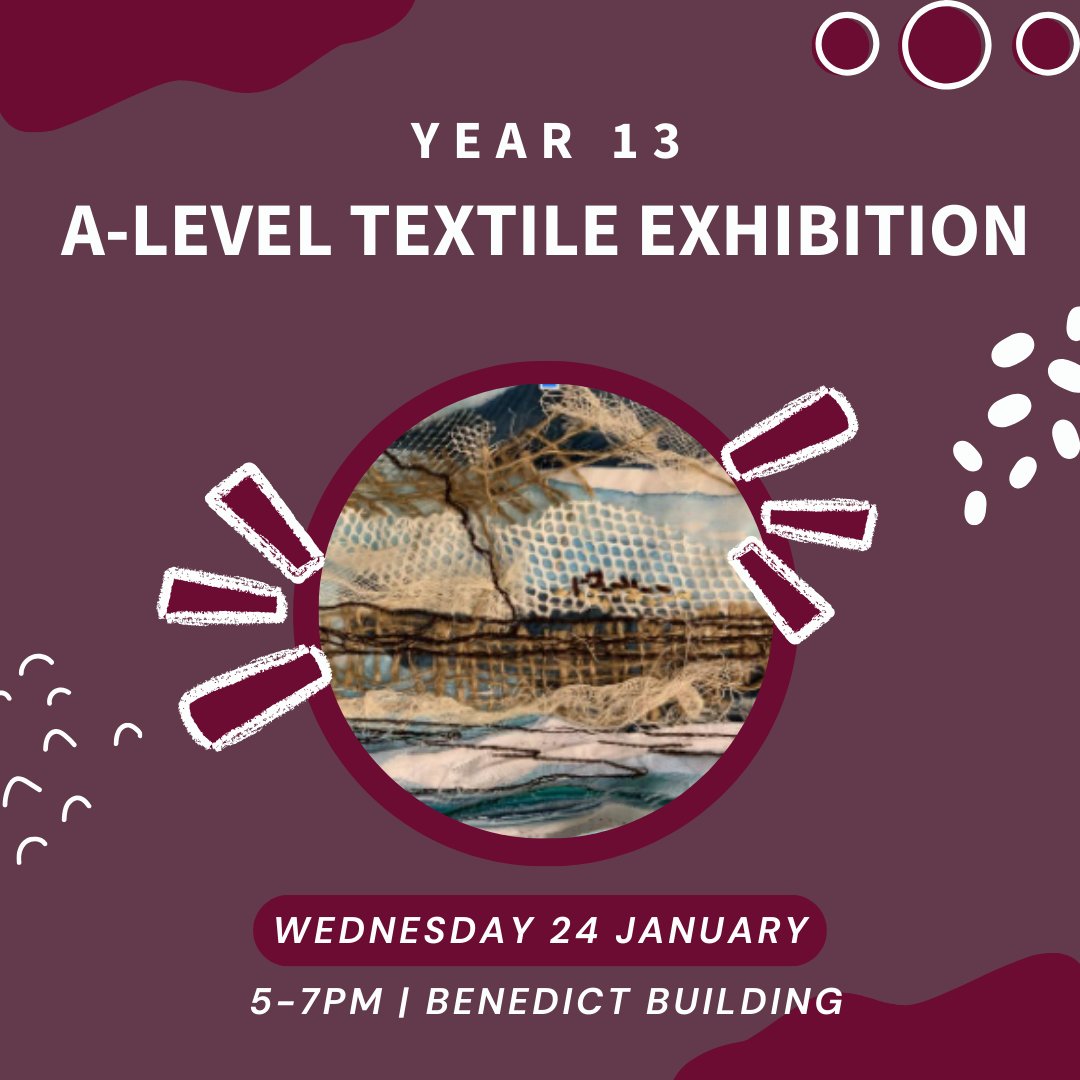A-Level Textiles Exhibition🎉 Come along and celebrate the work of Amber, Amelia, Amelie, Chloe, Emily and Etienne at our Year 13 Textiles Exhibition this Wednesday! Taking place in our Benedict Building from 5-7pm #proudtobenewman @CNCSMsJarman @CNCSMrsByrd @NewmanCollege_