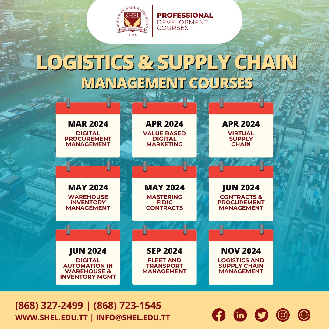 SHELTrinidad's tweet image. There are so many exciting roles within the #LogisticsAndSupplyChainManagement industry! 

Prepare for them with an upcoming #ProfessionalDevelopmentCourse from #SHEL!  

#RegisterNow: 327-2499 | 723-1545 | info@shel.edu.tt  

#SchoolOfHigherEducationLtd #Management
