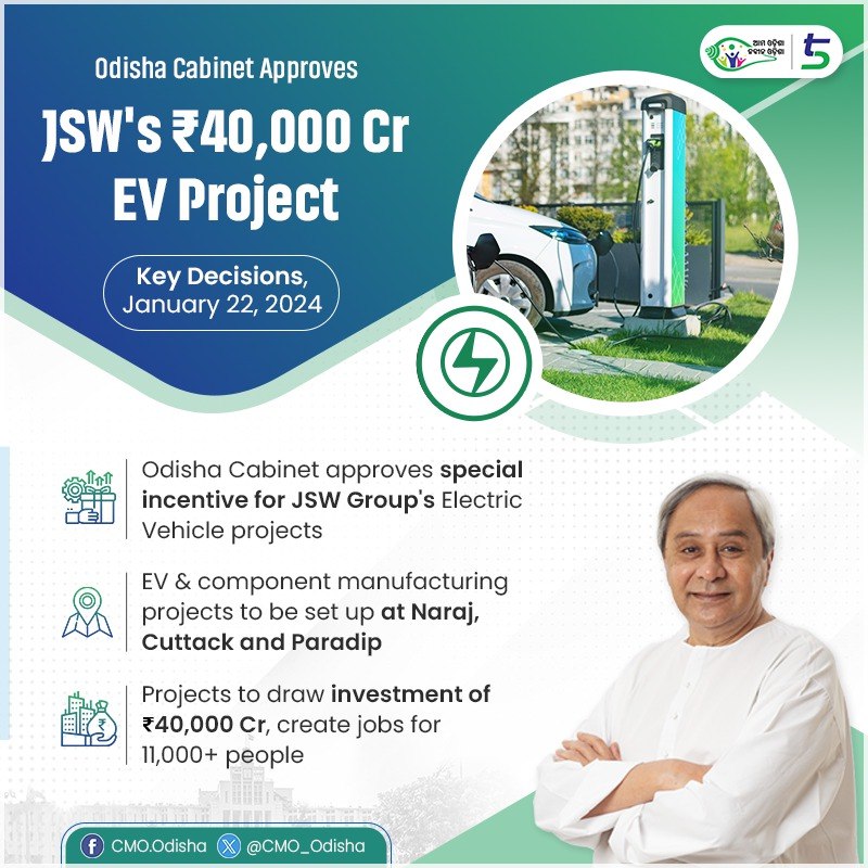 In a major boost to #MakeInOdisha, the #OdishaCabinet has approved a special incentive package for JSW Group's #ElectricVehicle and component manufacturing projects in Naraj, Cuttack and Paradip. These projects, with a combined investment of ₹40,000 Cr and employment potential…