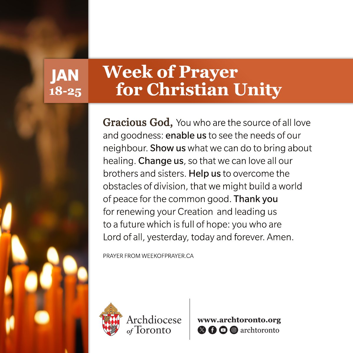 During this Week of Prayer for Christian Unity, we pray: Gracious God, You who are the source of all love and goodness: enable us to see the needs of our neighbour. #WPCU2024
