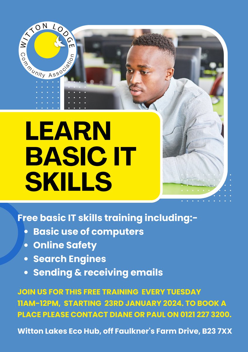 Our FREE Basic IT Skills Training sessions starts Tuesday 23rd January at Witton Lakes Eco Hub! Come & learn the basics of IT, 11am-12pm every Tuesday. Call 0121 227 3200 to book your place.

#ITSkills #Erdington #PerryCommon #wittonlakes  #wlca #freetraining #ITTraining