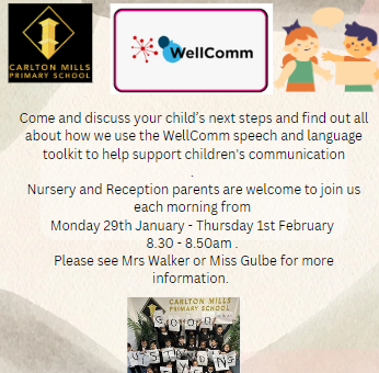 Carlton_MillsPS's tweet photo. Good Afternoon! Please feel free to join us next week to celebrate last terms progress and find out how to help your child at home this term! Please see Mrs Walker / Miss Gulbe for further information. #ExcellenceForAll #Wellcomm #Communication #EYFS https://t.co/VT3enQBPY7