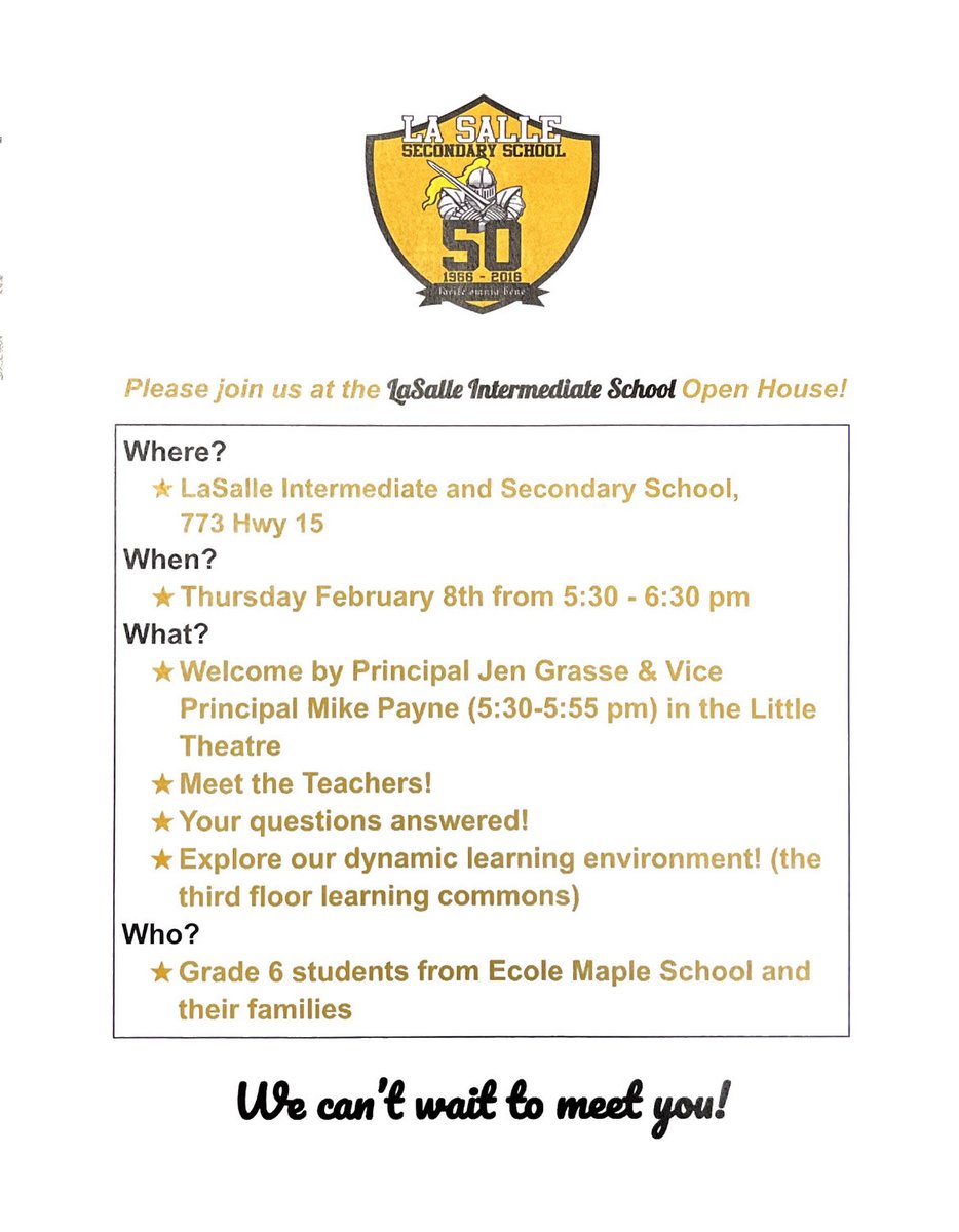 ⁦<a href="/LasalleInter/">LaSalle Intermediate</a>⁩ ⁦<a href="/LaSalle_LDSB/">La Salle Secondary</a>⁩ Our Grade 6 to 7 Open House Information Night is on Thursday, February 8th from 5:30-6:30 pm. We’re looking forward to meeting our future Knights! 💛🖤