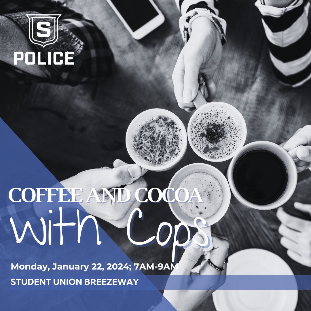 SoutheasternUPD's tweet photo. It’s time for 𝗖𝗼𝗳𝗳𝗲𝗲 𝗮𝗻𝗱 𝗖𝗼𝗰𝗼𝗮 𝘄𝗶𝘁𝗵 𝗖𝗼𝗽𝘀! Come join us in the Student Union Breezeway. We’ll be here until 9am this morning! ☕️☕️ #CoffeeWithACop #blueandyou https://t.co/fMrgC8A4aI