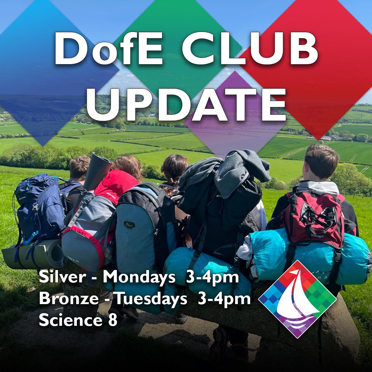 Please be aware that our DofE clubs are now swapping days.

Students taking part in the silver award will attend on Mondays in Science 8 and students taking part in the bronze award will now attend Science 8 on a Tuesday 3:00-4:00pm.

#dofe #silveraward #bronzeaward