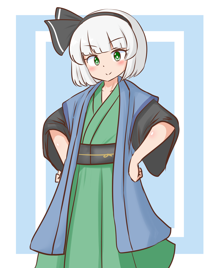 konpaku youmu 1girl green eyes solo japanese clothes hands on hips smile short hair  illustration images