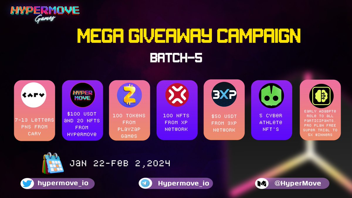 gameterminal_'s tweet photo. ๐ชWe are glad to finally drop down the last phase of Hypermove Mega Campaign Batch 5 in collaboration with our partners.
To Join:
1. Follow @hypermove_io
2. Like, RT this post & tag 3+ friends
3. Join here: https://t.co/OUlgo6NeKE
๐ Jan 22 - Feb 2, 2024
Don't miss out on the fun โ let's make this campaign unforgettable together! ๐๐
Included Partners: @carv_official, @PlayZapGames, @3XP_SKL, and @xpnetwork_, @Cyberlete, @KamotoAI
#HyperMove #MegaGiveaway #CommunityLoveย ๐