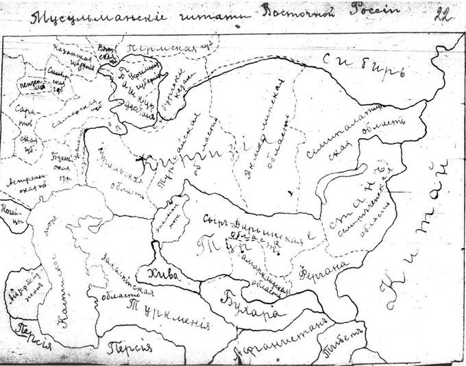 1918年のロシア内戦中に、アラシュ・オルダ(アラシュ自治国)とバシキール政府との交渉過程で作成された「ロシア東部のイスラム国家」を示した地図