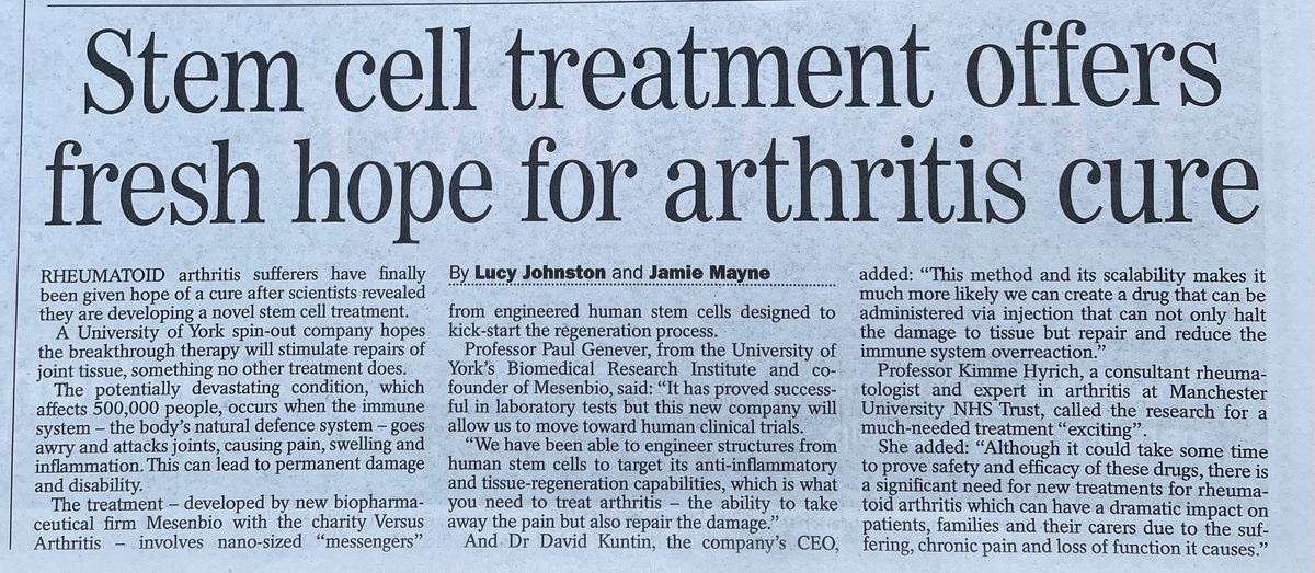 🚨 New stem cell hope for rheumatoid arthritis 

⁦<a href="/YorkUniversity/">York University</a>⁩ 
⁦<a href="/mesenbio/">Mesenbio</a>⁩
