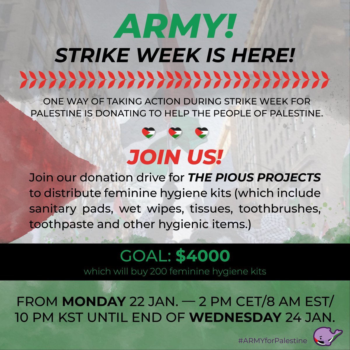 🚨Our donation drive starts NOW! Donate to The Pious Projects to distribute feminine hygiene kits in Gaza and please quote/reply with a screenshot so we can keep count. Our goal is $4000 which will buy 200 kits. Link to donate below👇🏼
#ShutItDown4Palestine #StrikeForGaza