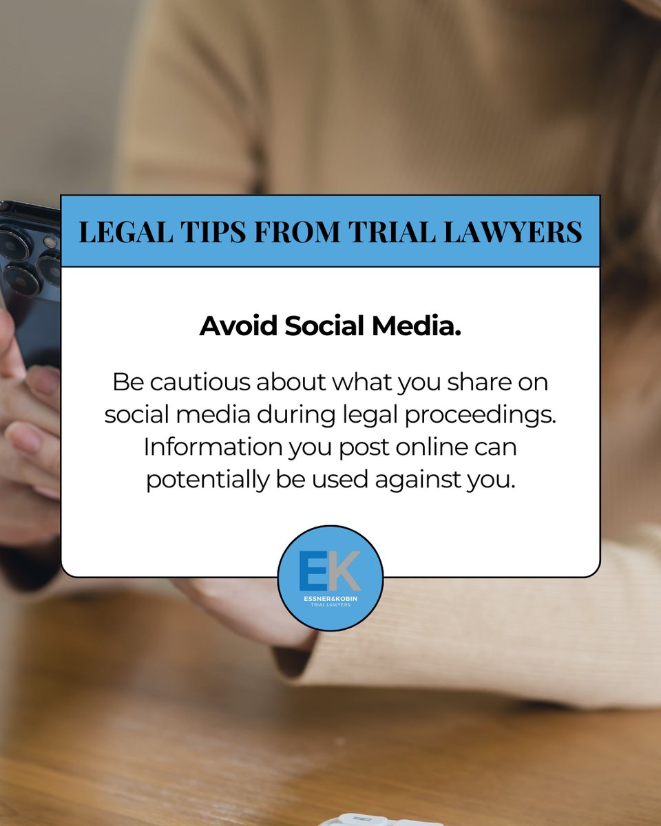 esskolawllp's tweet photo. Legal tip of the month: exercise caution on social media during legal proceedings. Your online posts may be used against you. 🚫⚖️ 

#LegalTip #LegalInsight #LegalExpertise #LegalSupport #SocialMedia https://t.co/yjqDGxCwJE