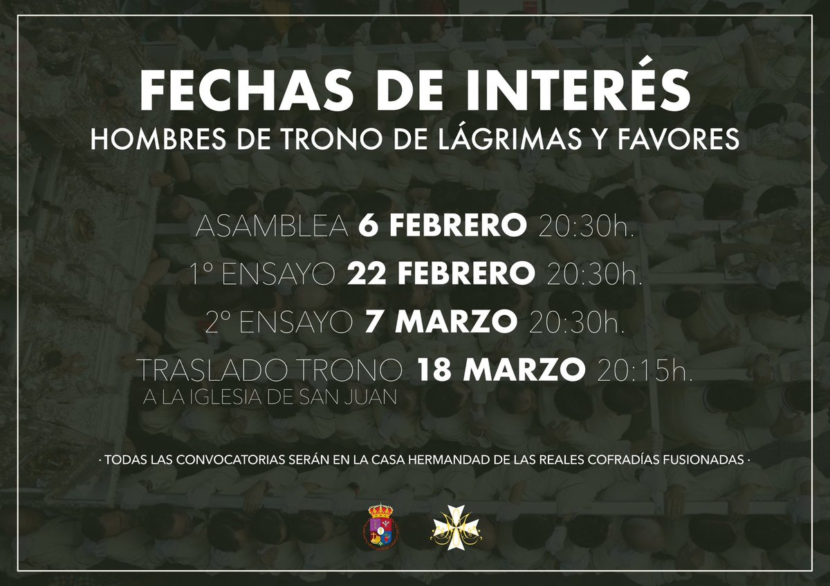 🗓️ Ya tenemos las fechas de la asamblea y los ensayos del trono de María Santísima de Lágrimas y Favores. Comienza la intensa preparación para el próximo Domingo de Ramos.
