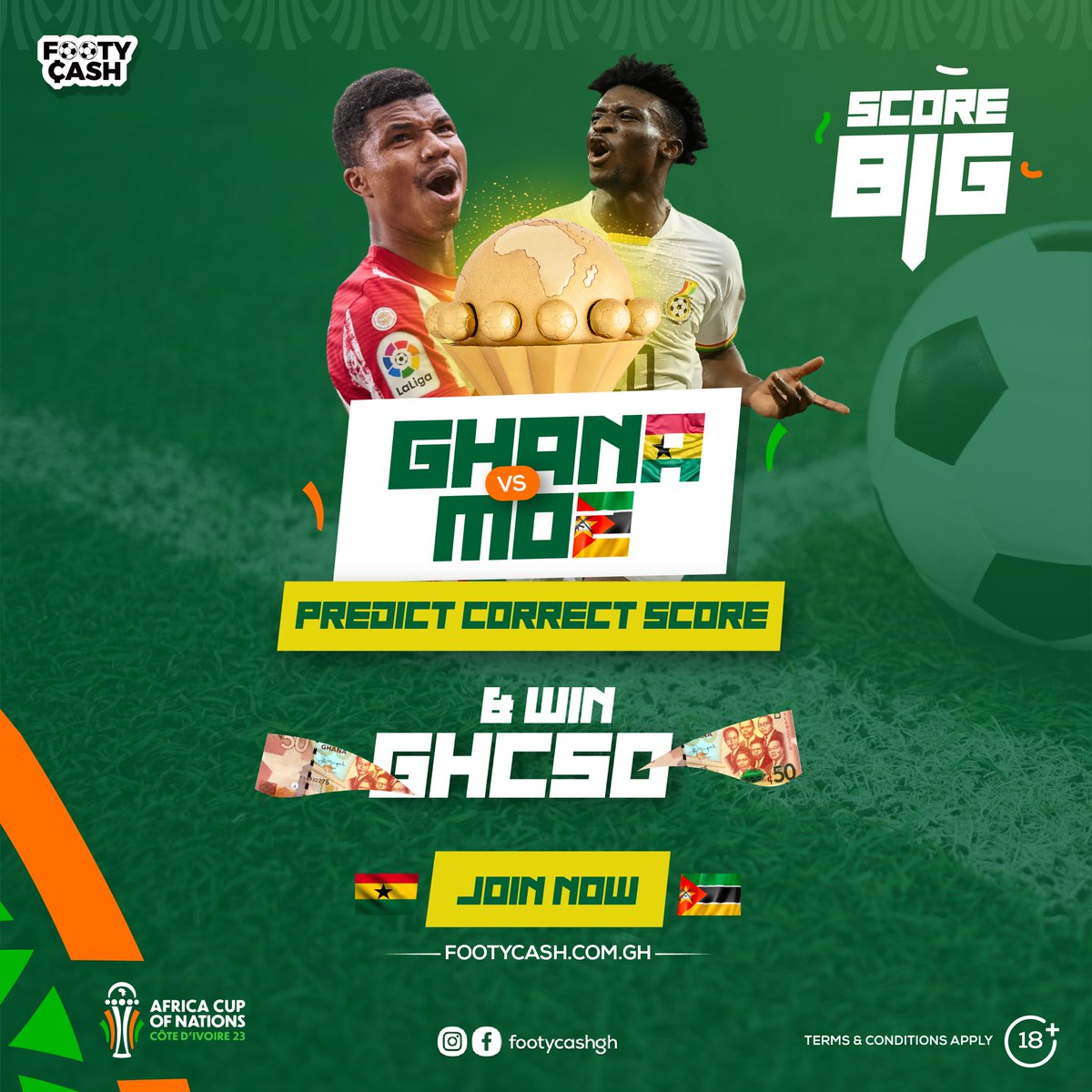 Predict the correct score for the Ghana vs Mozambique game and stand a chance to win GHS50! The thrill is on, the stakes are high – let the game begin!

#AFCONCountdown #PredictToWin #TotalEnergiesAFCON2023 #BlackStars #AFCON2023 #footycash #football #sports