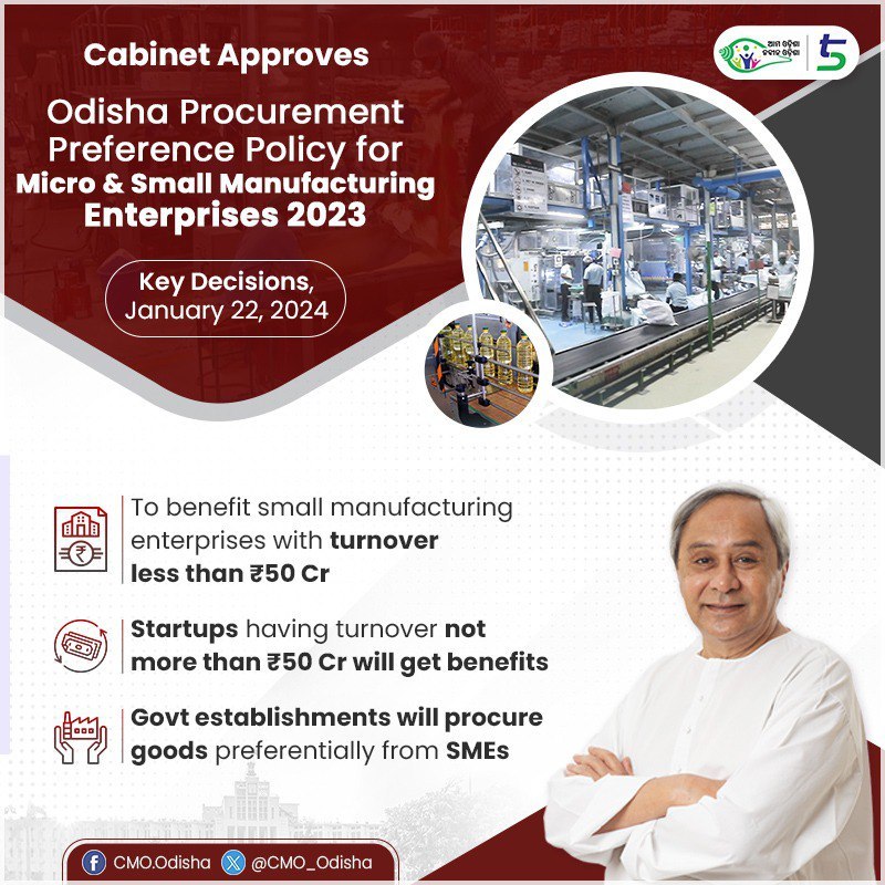#OdishaCabinet has approved the Odisha Procurement Preference Policy for Micro and Small Manufacturing Enterprises 2023. The new policy will boost business activity of small manufacturing enterprises by preferential procurement of their manufactured goods by state Govt…