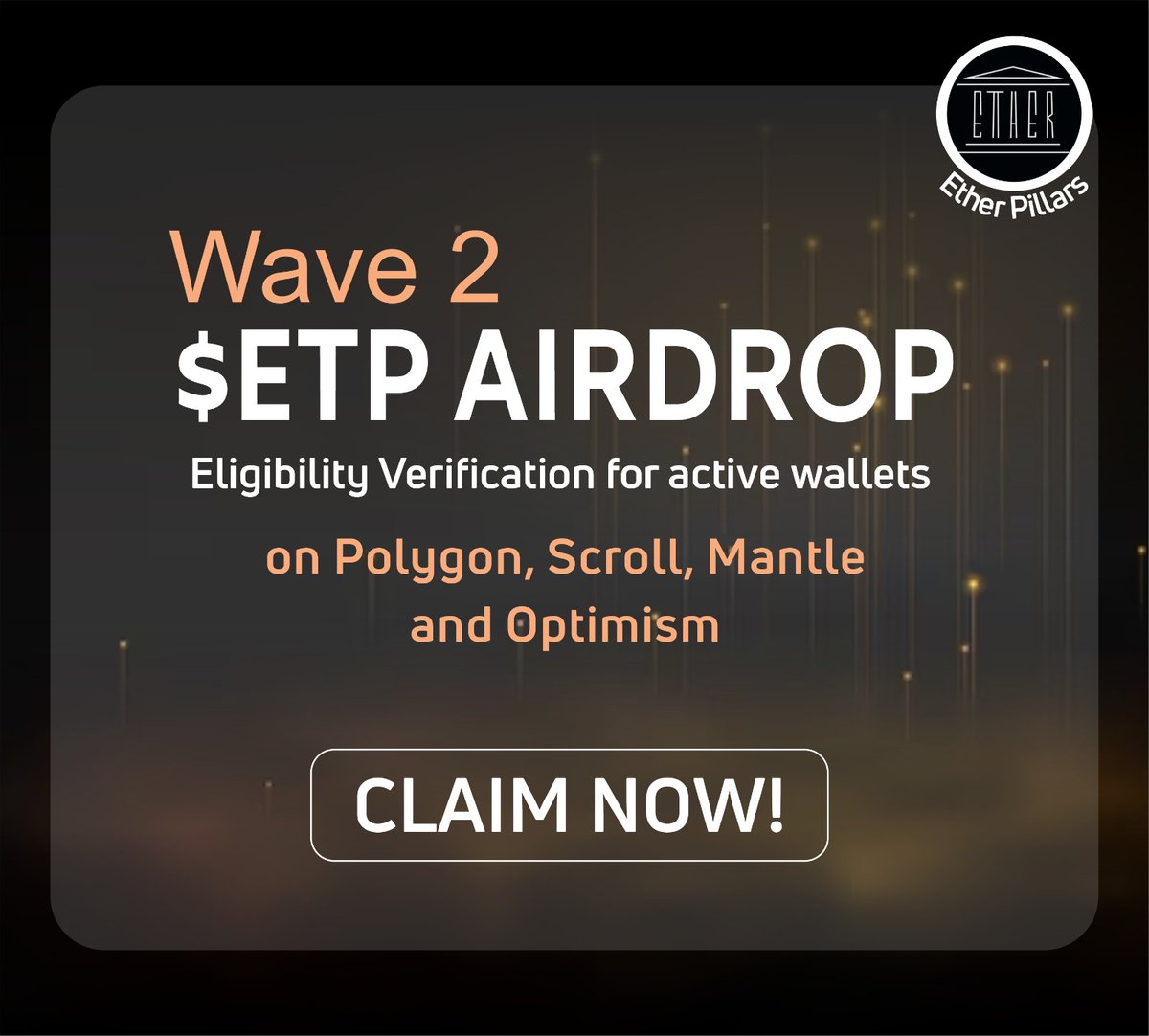 OmniPillar 🏛️ (Prev. EtherPillar) (@omnipillar_) on Twitter photo Ether Backer (wave 2) $ETP Airdrop Claim is Live!
If you've been an active user of major L2 chains like <a href="/Optimism/">optimism.eth</a>, <a href="/0xMantle/">Mantle Network</a>, <a href="/Scroll_ZKP/">Scroll</a> and @0xPolygonLabs, we've got a surprise for you.
You can now verify your eligibility by claiming 1400 $ETP token reward.
Open for the Ether Backer (wave 2) $ETP Airdrop Claim is Live!
If you've been an active user of major L2 chains like <a href="/Optimism/">optimism.eth</a>, <a href="/0xMantle/">Mantle Network</a>, <a href="/Scroll_ZKP/">Scroll</a> and @0xPolygonLabs, we've got a surprise for you.
You can now verify your eligibility by claiming 1400 $ETP token reward.
Open for the