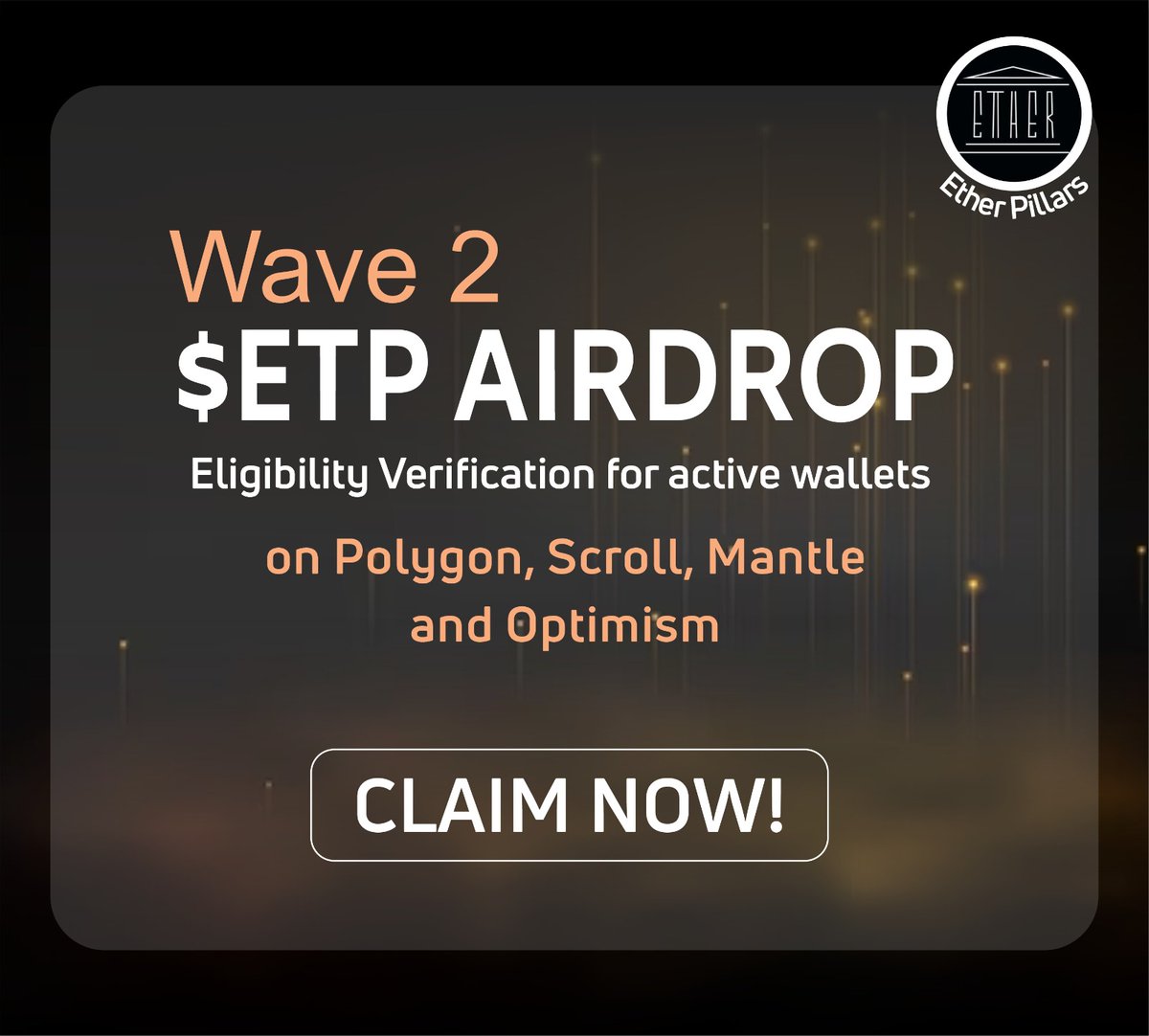 Ether Backer (wave 2) $ETP Airdrop Claim is Live! If you've been an active user of major L2 chains like @Optimism, @0xMantle, @Scroll_ZKP and @0xPolygonLabs, we've got a surprise for you. You can now verify your eligibility by claiming 1400 $ETP token reward. Open for the…