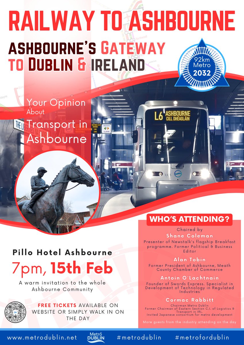 infoMetroDublin's tweet photo. Join us for an exciting community panel discussion about the bringing the Metro to Ashbourne by 2032

Its time to hear your voice about the future of Transport in Ashbourne. Special guests attending

Pillo Hotel, #Ashbourne 7pm 15 Feb
Free tickets here
https://t.co/f8v6CciLtA https://t.co/vMRet585mJ