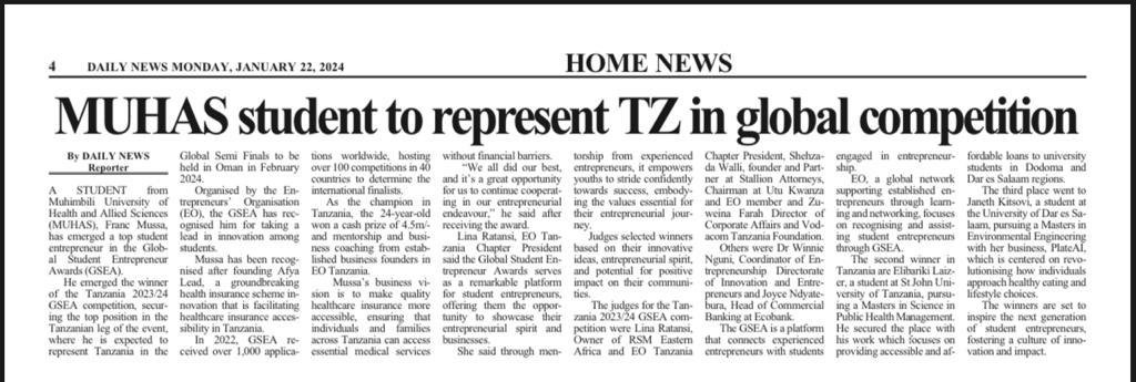 Honored to be mentioned in the news papers as I'm representing <a href="/muhimbiliuniver/">Muhimbili University</a> to the global competition.
#afyalead <a href="/muhimbiliuniver/">Muhimbili University</a> .
<a href="/EOTanzania/">EO Tanzania</a> <a href="/GseaTanzania/">GSEA Tanzania</a>