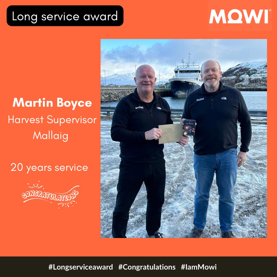 Congratulations to Martin Boyce on receiving his 20 year long service award 🎉. Martin was one of the first recruitments to Mallaig harvest station when it opened 20 years ago and has been a great asset to Mowi over those years. Martin was appointed Harvest Supervisor in 2010