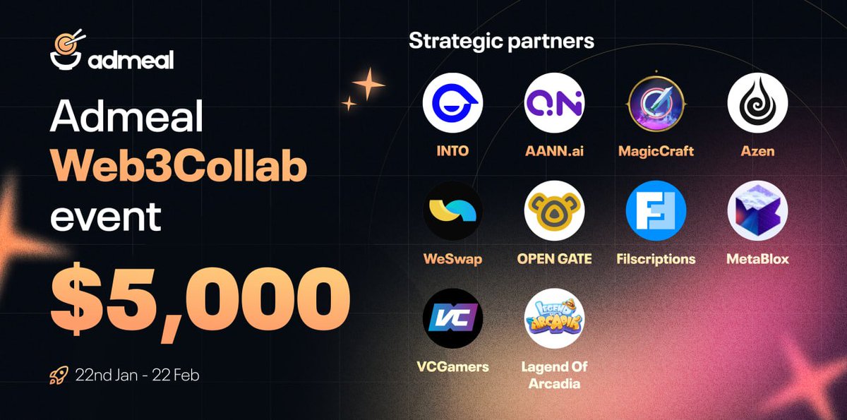 🎉 Admeal is thrilled to announce the launch of the Admeal Web3Collab Party! 🌐🎉 🕐 22 Jan - 22 Feb, 2024 (UTC) 💰 Total rewards soar beyond $5,000: @Admeal_Official => 100 USDT, 40 000 ADM, 2 Noodle NFT, 5 Unusual Harvest NFT. @OpenGateNFT => 400 $VFNS @filscriptions => 100…