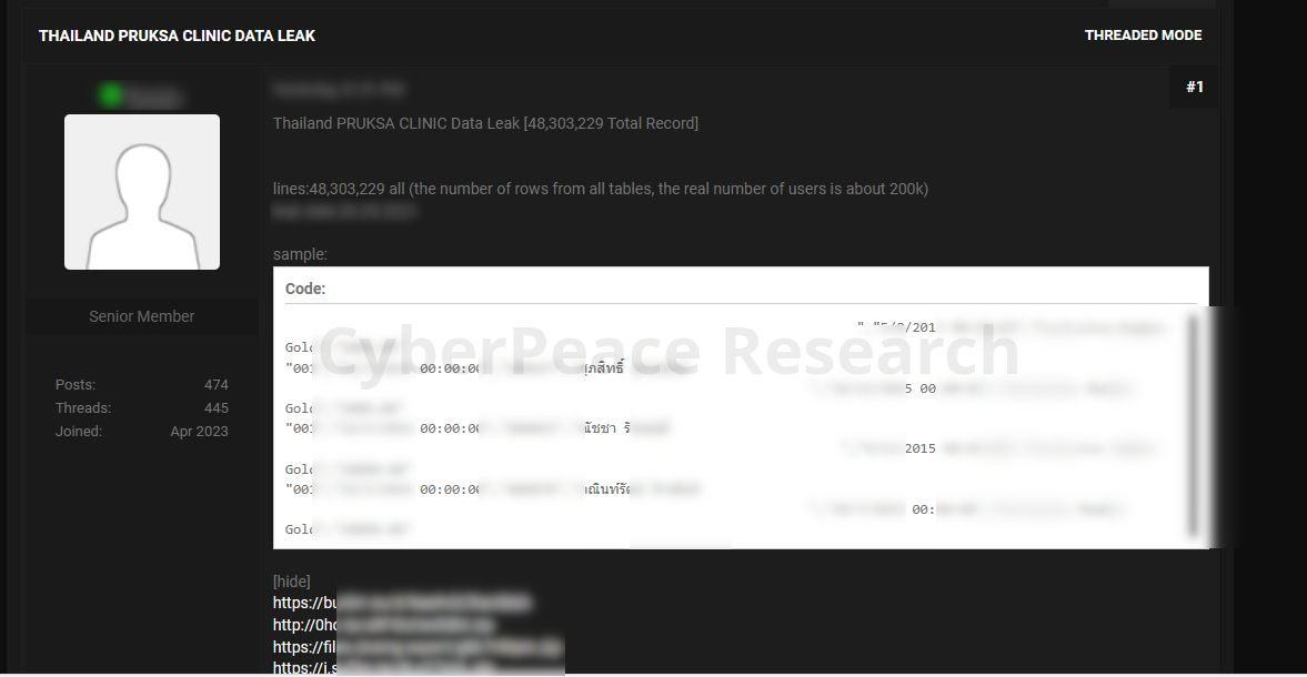 Cyberpeace_r's tweet photo. 🚨 #DataBreach Alert ⚠️: Allegedly, Thailand Pruksa Clinic🇹🇭 data has been leaked on a well-known forum. Threat actors claim the data breach involves 48M+ records of approximately 200k users.

Stay vigilant🔐🛡️

#CyberPeace #Cybersecurity #CyberPeaceAlert #infosecurity https://t.co/RuvXaqAuLs