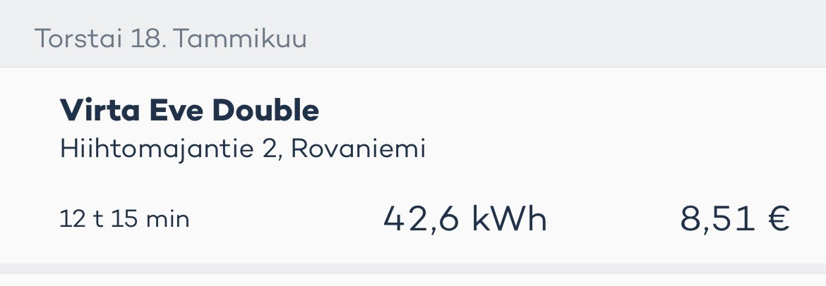 Cheapest commercial charging was at our hotel in Rovaniemi, SantaSport. Parking was free also. Destination charging should be found in every hotel. Even if it costs more than this. Many arrive at low SOC and battery is too cold in the morning for CCS.