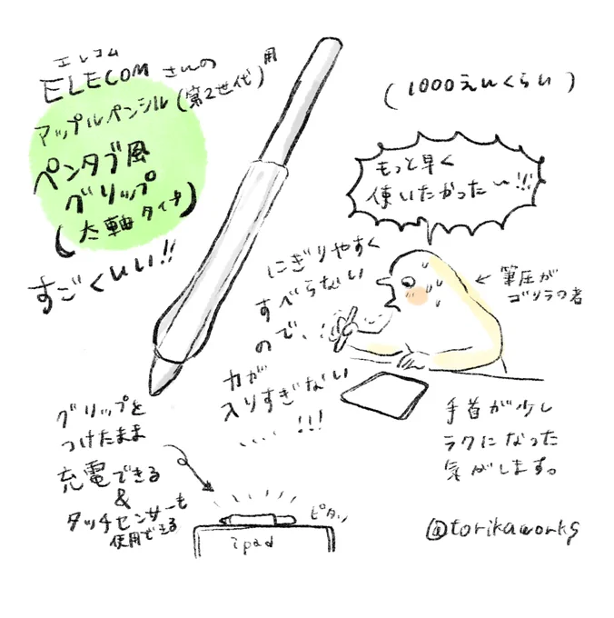 Apple Pencil(第2世代)用のグリップを買い直したらすごく良かったのでおすすめです。筆圧が高めの絵描きさん、ぜひ使ってみて欲しいです!  