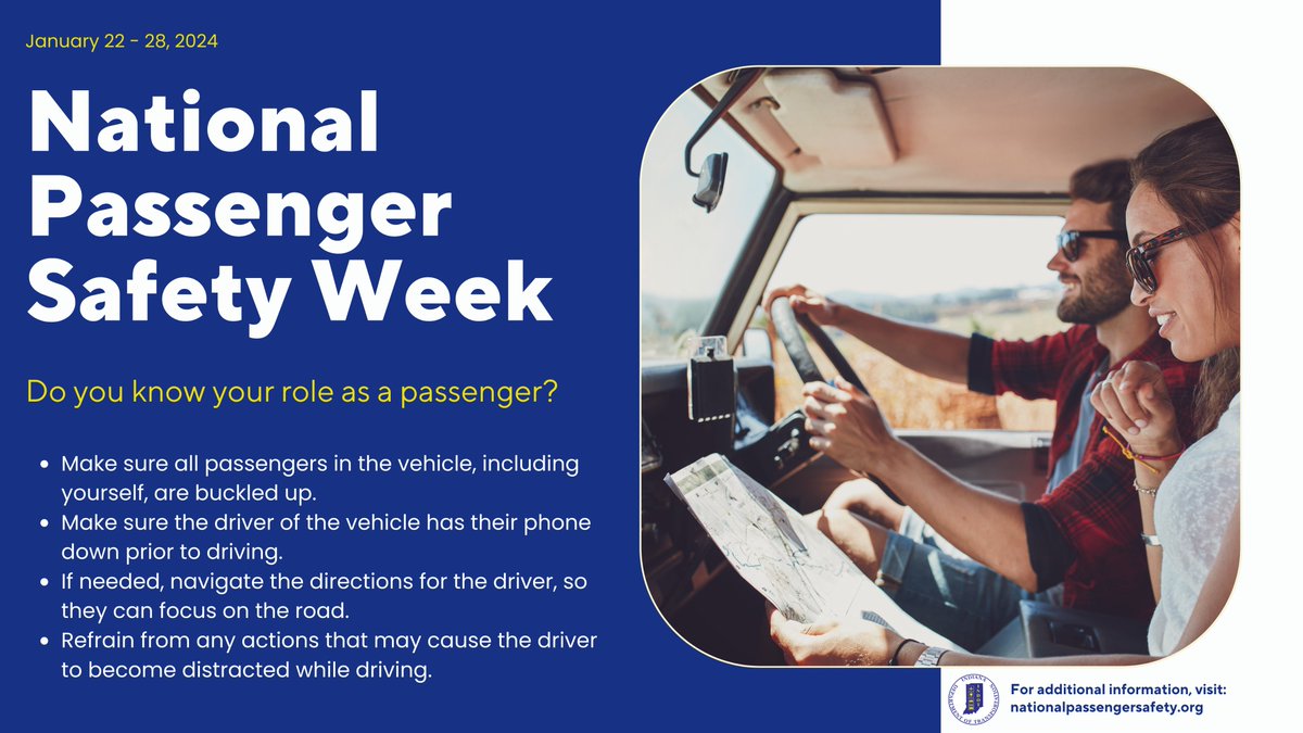 Follow along with us this week as we highlight National Passenger Safety Week! Learn more about what you can do as passengers to help those driving remain focused on the road and what those driving can do to keep each passenger in the vehicle safe.