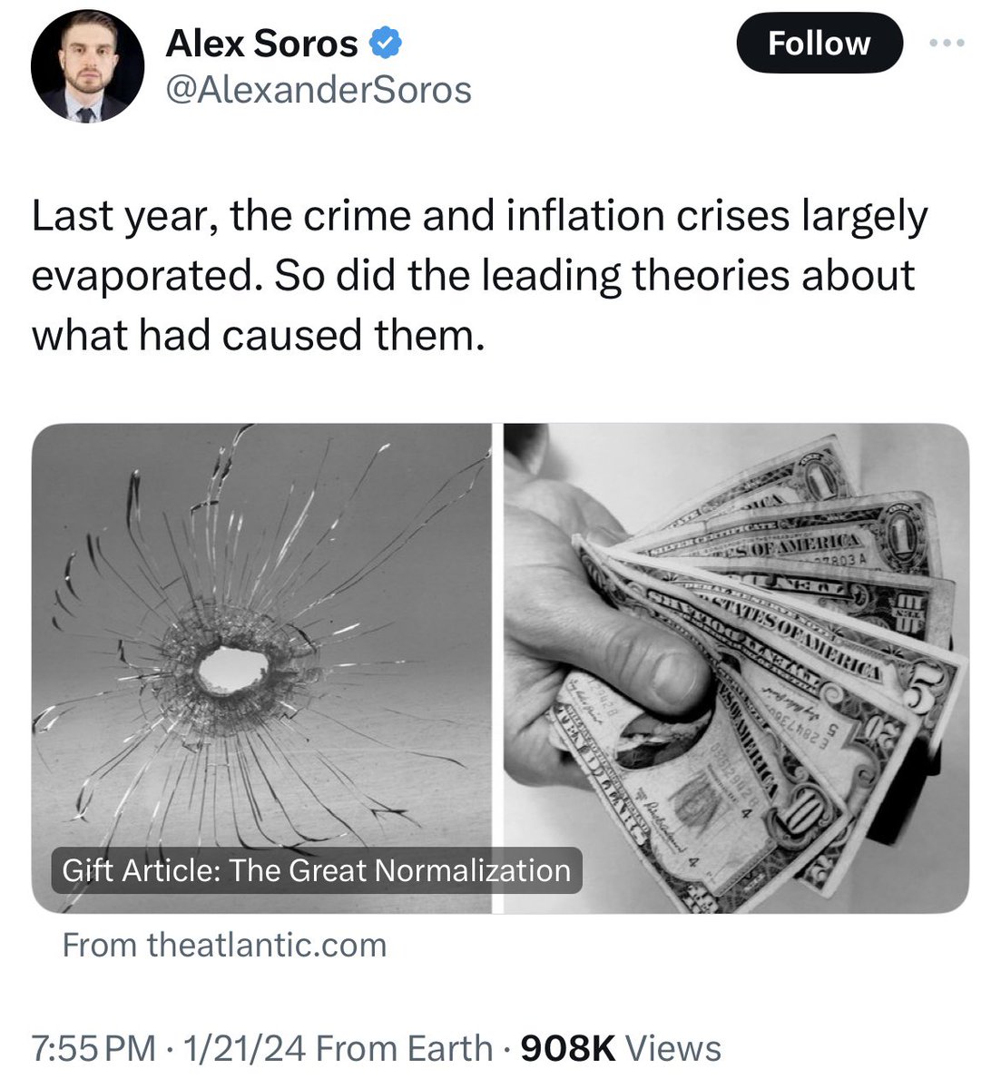 Why is Alex Soros positing a bullet hole next to $47 dollars with an article full of lies? This looks like a threat to me.