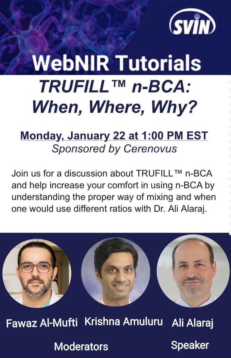 Limited exposure to n-BCA? Join @AmuluruKrishna, me & n-BCA expert extraordinaire @alialaraj from @UniversityofIl today @ 1 ET. Ask about n-BCA's versatility from AVMs to MMAs! The step-by-step guide to When, Where, and Why n-BCA #WebNIR! Register here zoom.us/webinar/regist…