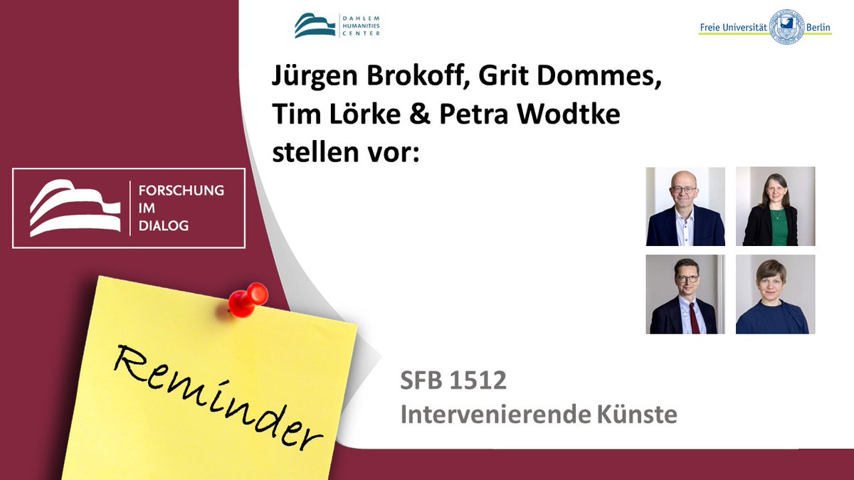 #Reminder #FiD: Forschung im Dialog mit dem SFB 1512: Intervenierende Künste! 🎨✨ Diesen Mittwoch, 24.01., 18:15 Uhr

📍 Seminarzentrum, Raum L115,@Fu_Berlin

👉Weitere Infos: tinyurl.com/6ut9amad