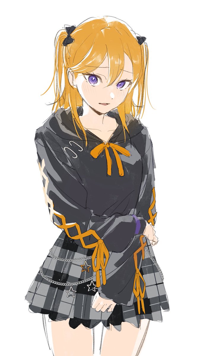 shibuya kanon 1girl solo skirt purple eyes white background hood orange hair  illustration images