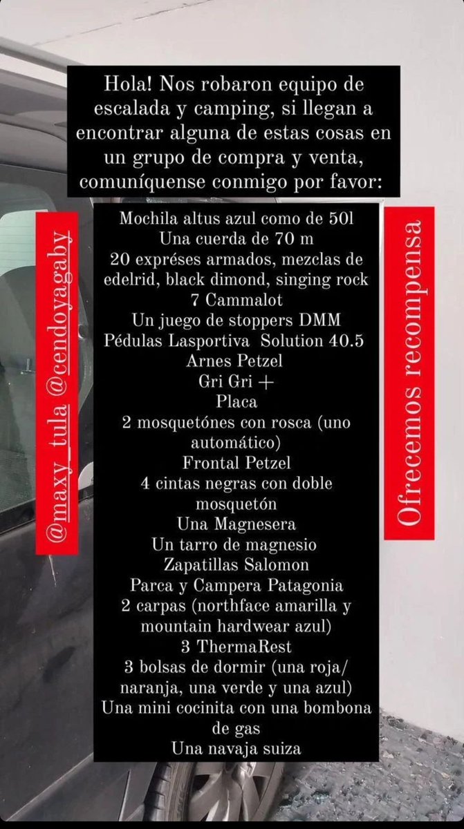 Agosting98's tweet photo. ⚠️Les robaron a mis primos en Trelew todo el equipo de escalada⚠️
@radio3trelew  @ADNsur https://t.co/ZZtxu9slup