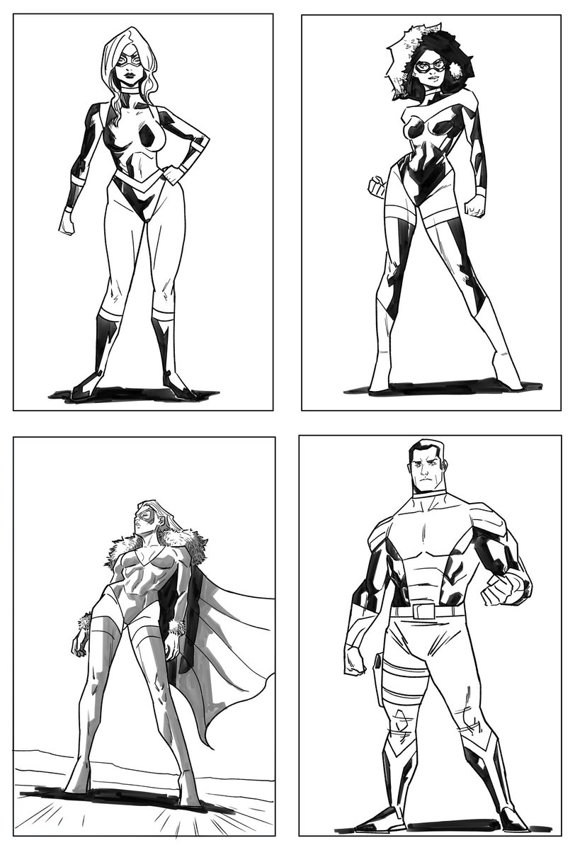 Four members of the superhero team in my upcoming comic 'Indivisibles.' They are Diamante on the top left, Blaze on the top right, Freya on the bottom left, and Cipher on the bottom right. #Indivisibles #Comics #IndieComics #superheroes