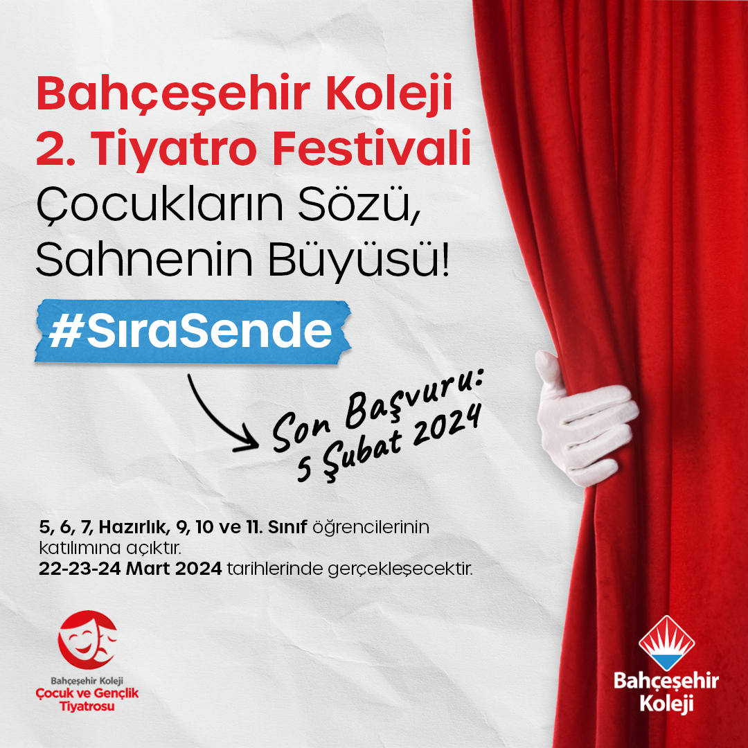 bahcesehir_k12's tweet photo. 22, 23, 24 Mart tarihlerinde gerçekleşecek, Bahçeşehir Koleji 2. Tiyatro Festivali için son başvuru 5 Şubat Pazartesi! 🎭

Sahnenin büyüsü ile #SıraSende https://t.co/Im1R5WHMEW