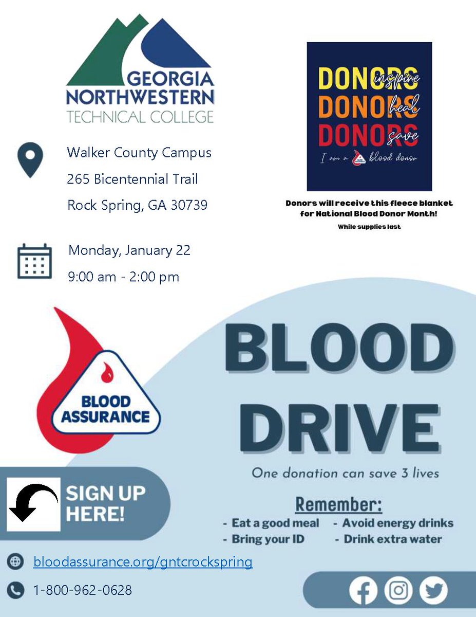 @bloodassurance will be on the Walker and Catoosa County Campus this week. Please consider donating to help our community. One donation can save 3 lives! WCC Monday, January 22, 9am-2pm bloodassurance.org/gntcrockspring CCC Wednesday, January 24, 9am-2pm bloodassurance.org/gntccatoosa