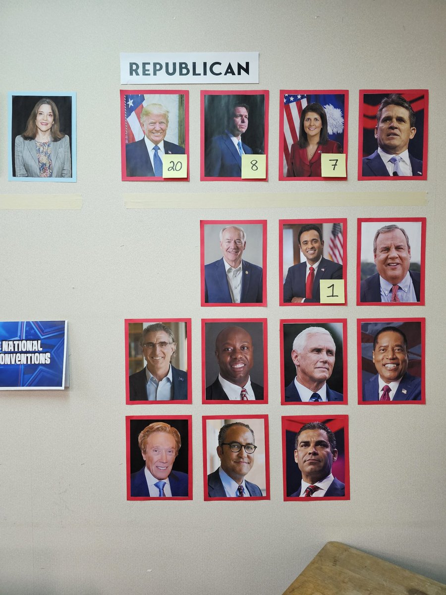 MarkJWestpfahl's tweet image. With Ron DeSantis officially dropping from the presidential race, the #SSPMSpackers #ElectionWall got another modification this morning. We&apos;ll see how long it takes my students to notice. (Not long, I bet, as they&apos;ve been looking for changes every day.) #Election2024