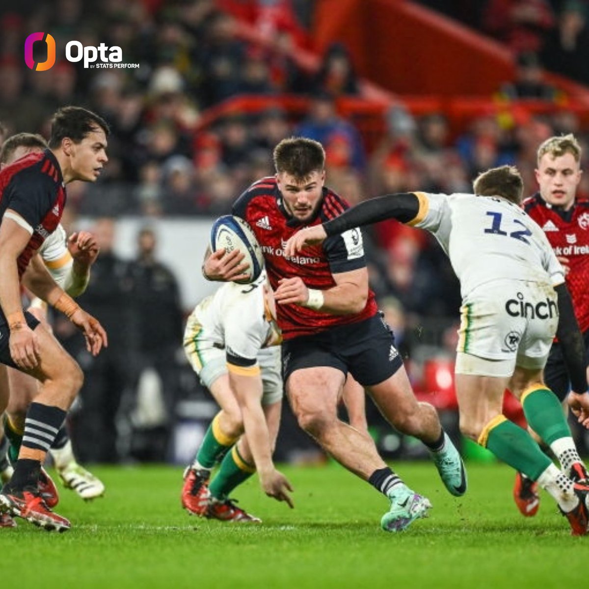 OptaJonny's tweet photo. 12 - @munsterrugby’s Alex Nankivell beat 12 defenders against Northampton, the first time that a Munster player has beaten 10+ defenders in a @ChampionsCup match since Opta have recorded this data and the joint-most by any player over the weekend (also Freddie Steward). Slippery. https://t.co/pqcFZJ9N2X