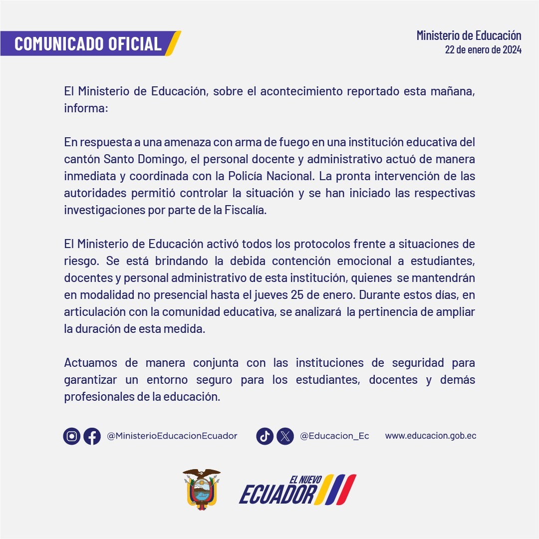 EducacionZ4_Ec's tweet photo. [COMUNICADO] @EducacionZ4_Ec activó todos los protocolos frente a situaciones de riesgo, en respuesta a una amenaza en una institución educativa en el cantón Santo Domingo, el personal docente y administrativo actuó de manera inmediata y coordinada con la @PoliciaEcuador. https://t.co/VeJADZ4UXU