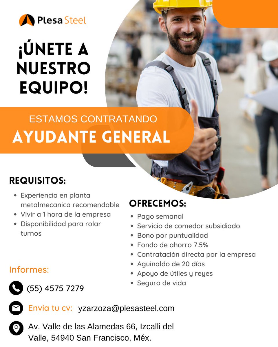 PlesaSteelMx's tweet photo. #empleo #trabajo #Tultepec #Tultitlán #Coacalco #Tlalnepantla https://t.co/zXgNGWfKVg